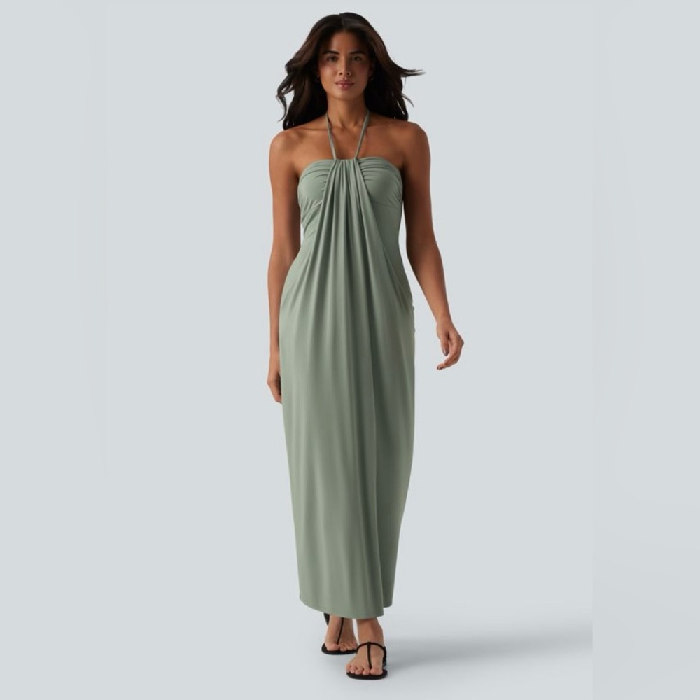 NWT Halara Halter Tie Back Maxi Dress with Pockets in Asparagus color (Size S)